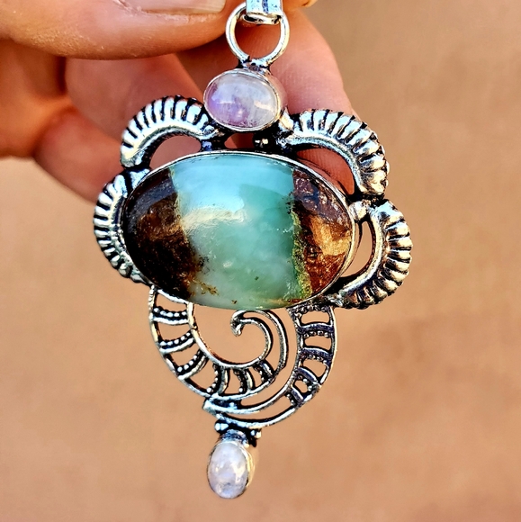 New Chrysoprase & Rainbow Moonstone 925 Silver Pendant - Picture 6 of 16